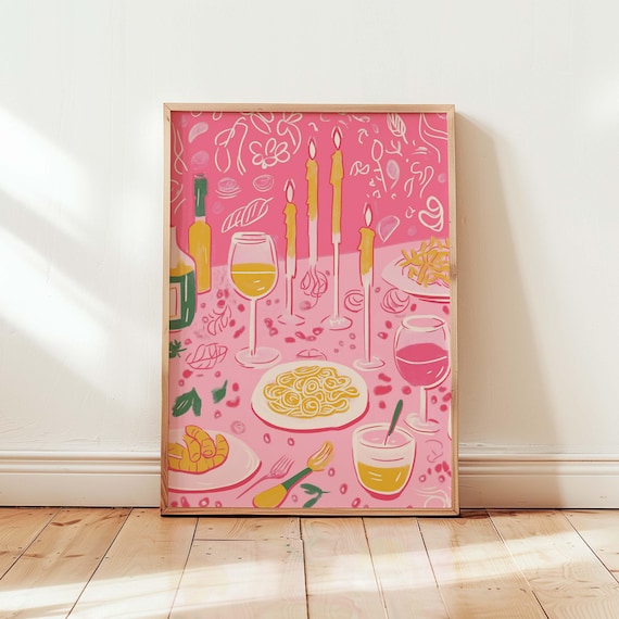 Vibrant Dining Table Art Print Maximalist Food And Drink Decor Eclectic Kitchen Wall With Wine Pasta Bold Pink Retro Artwork