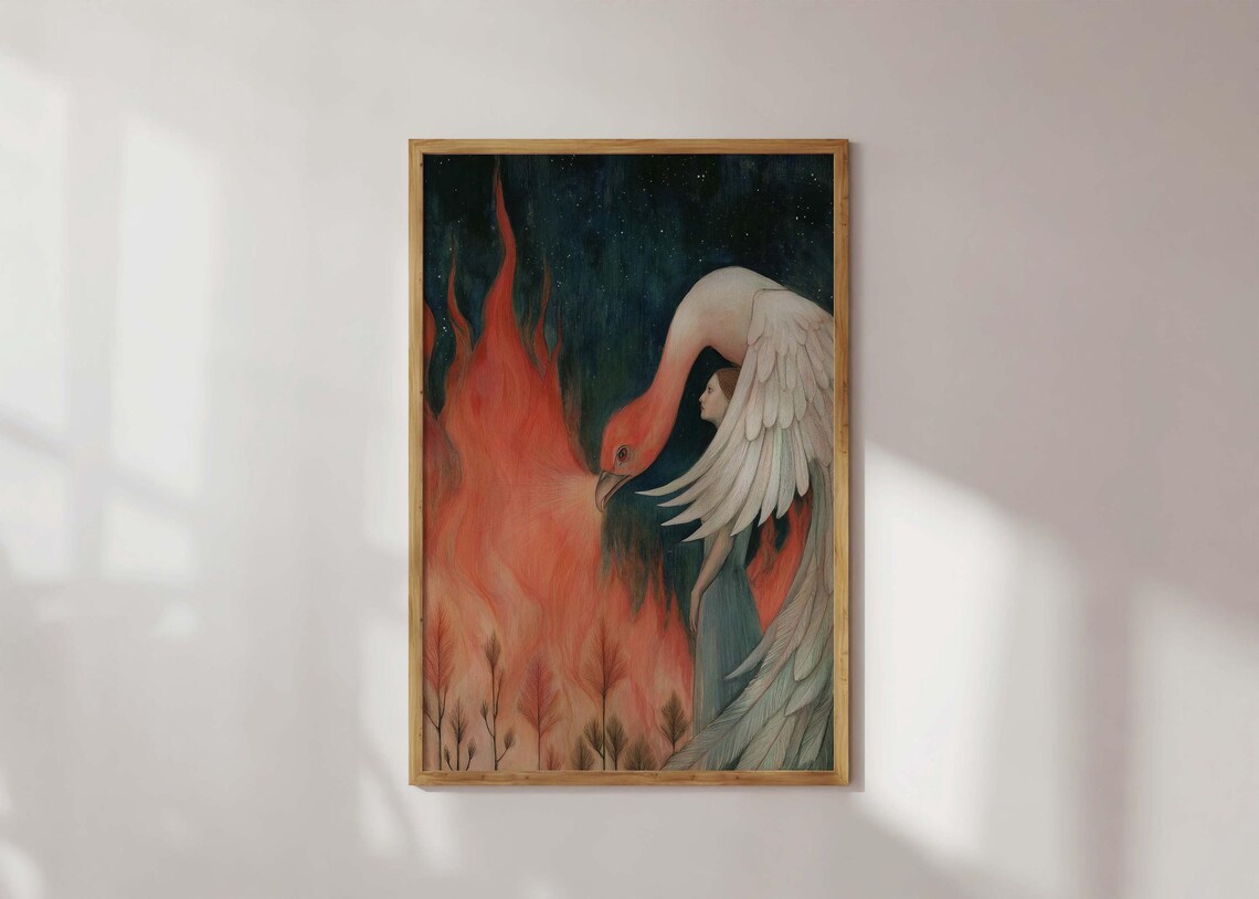 Phoenix Fire Woman Rebirth Fantasy Surreal Empowering Art Poster
