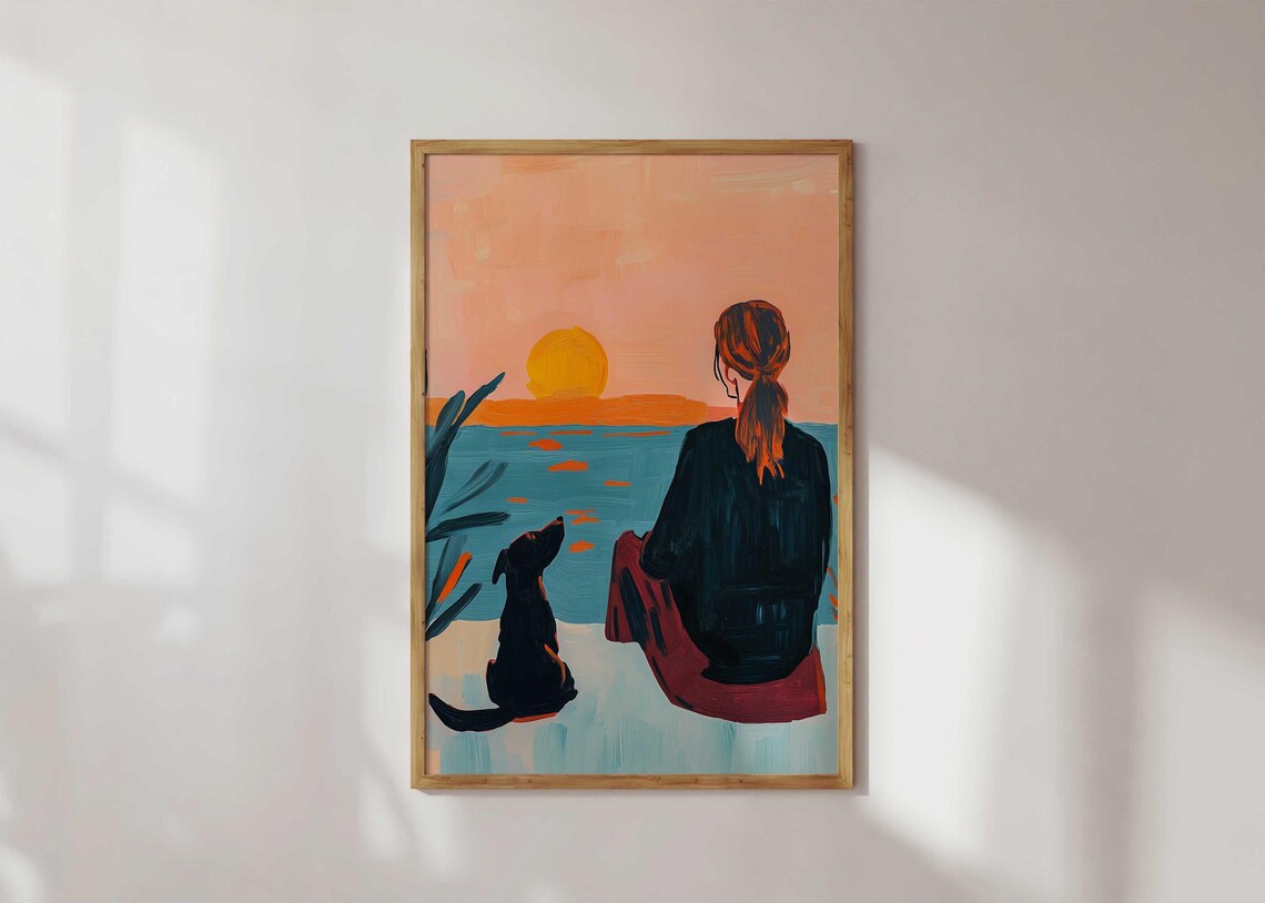 Woman And Dog Watching Sunset Ocean Warm Tender Modern Art Poster