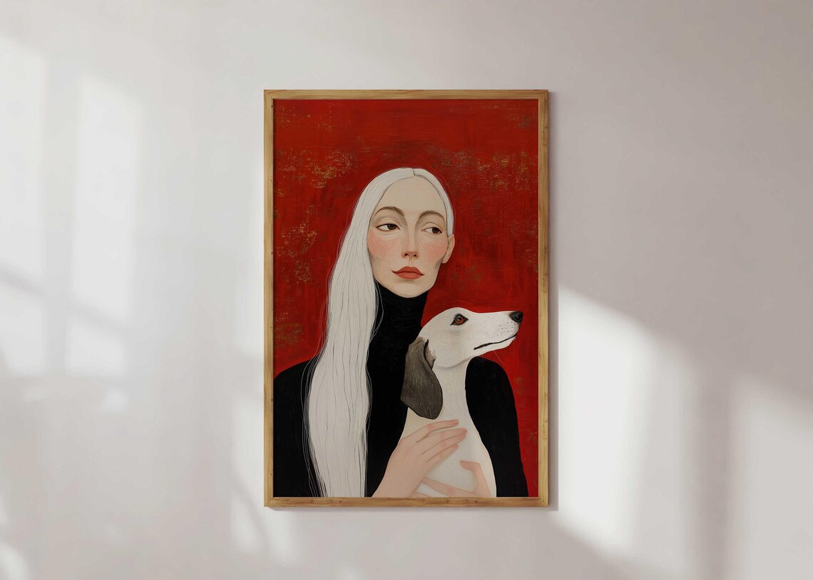 Dog And Woman Print, Red Modern Pet Portrait