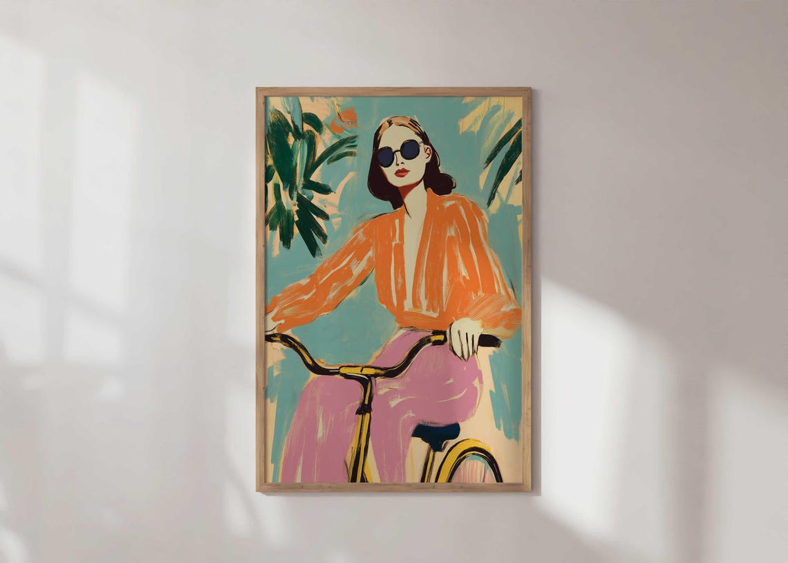 Matisseinspired Poster Vintage Bike Woman Art Feminine Wall Decor Dopamine Girly Print Unique Fashioninspired