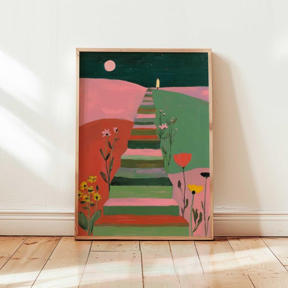 Surreal Stairway Art Print Moon Flowers Natureinspired Home Decor