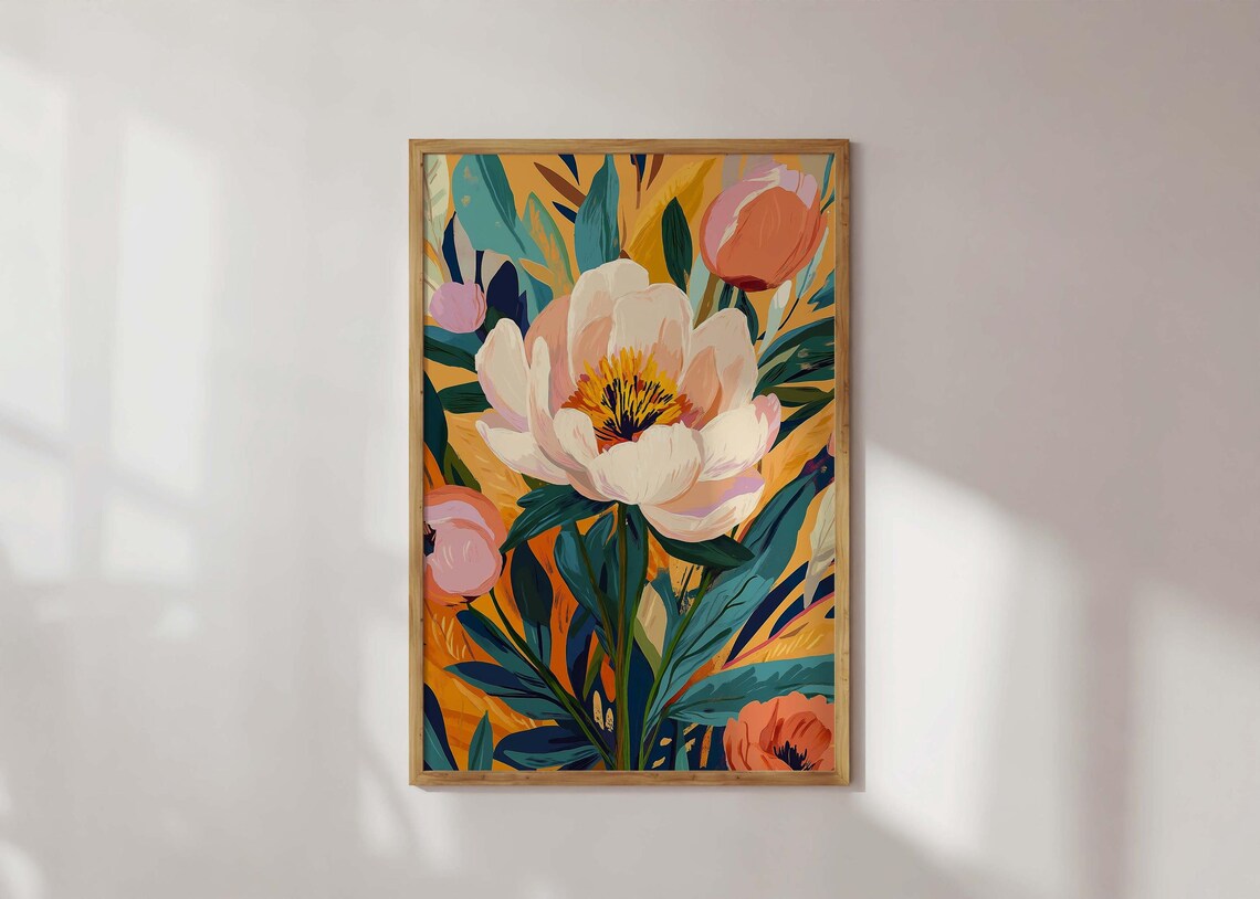 Bold White Peony Colorful Botanical Flower Painting Maximalist Poster
