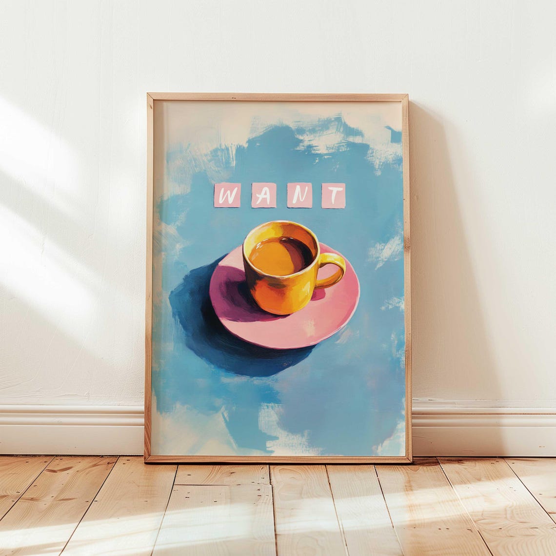 WANT Coffee Cup Blue Pink Retro Kitchen Quote Fun Typography Print