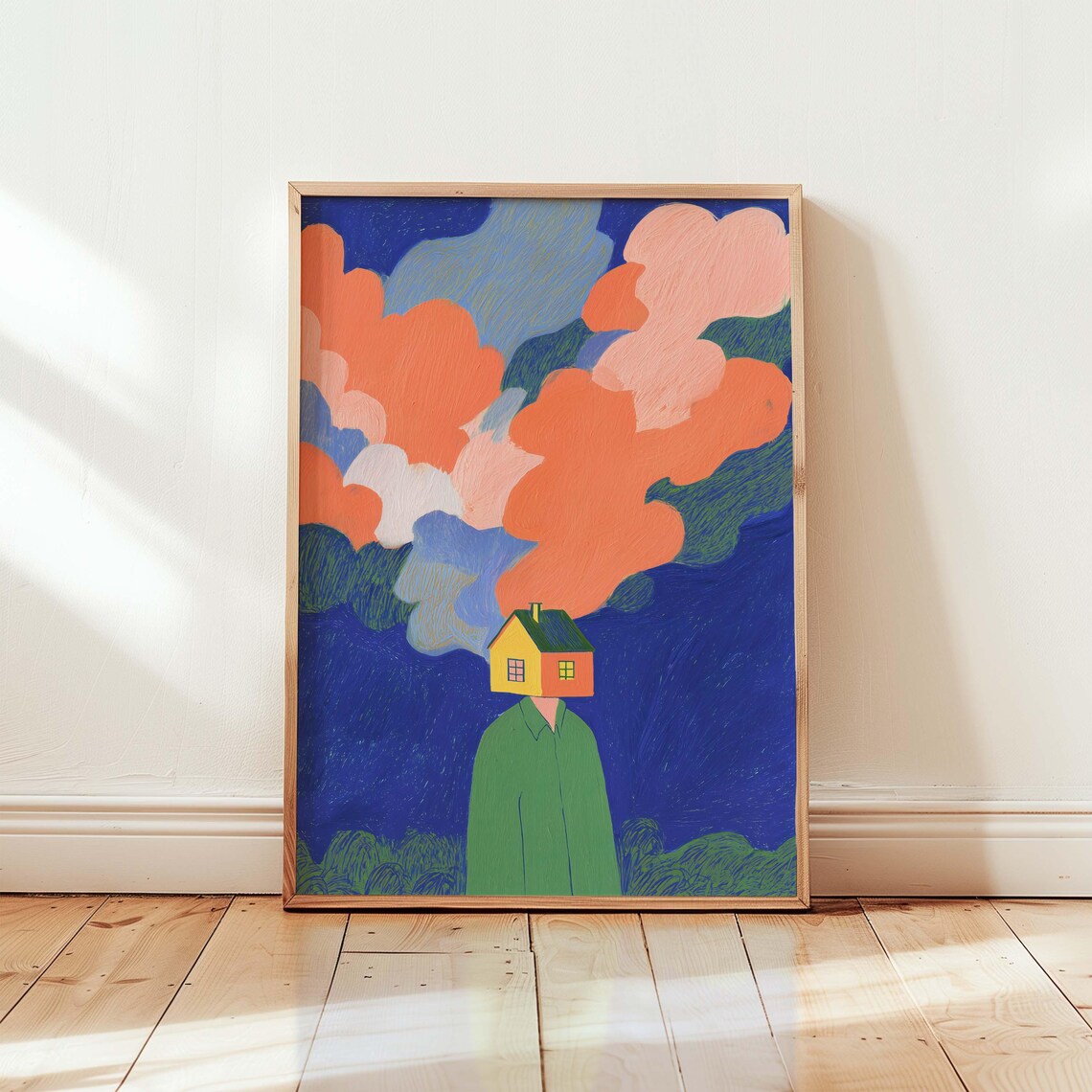 Surreal House Head Figure Colorful Cloud Dreamscape Art Poster