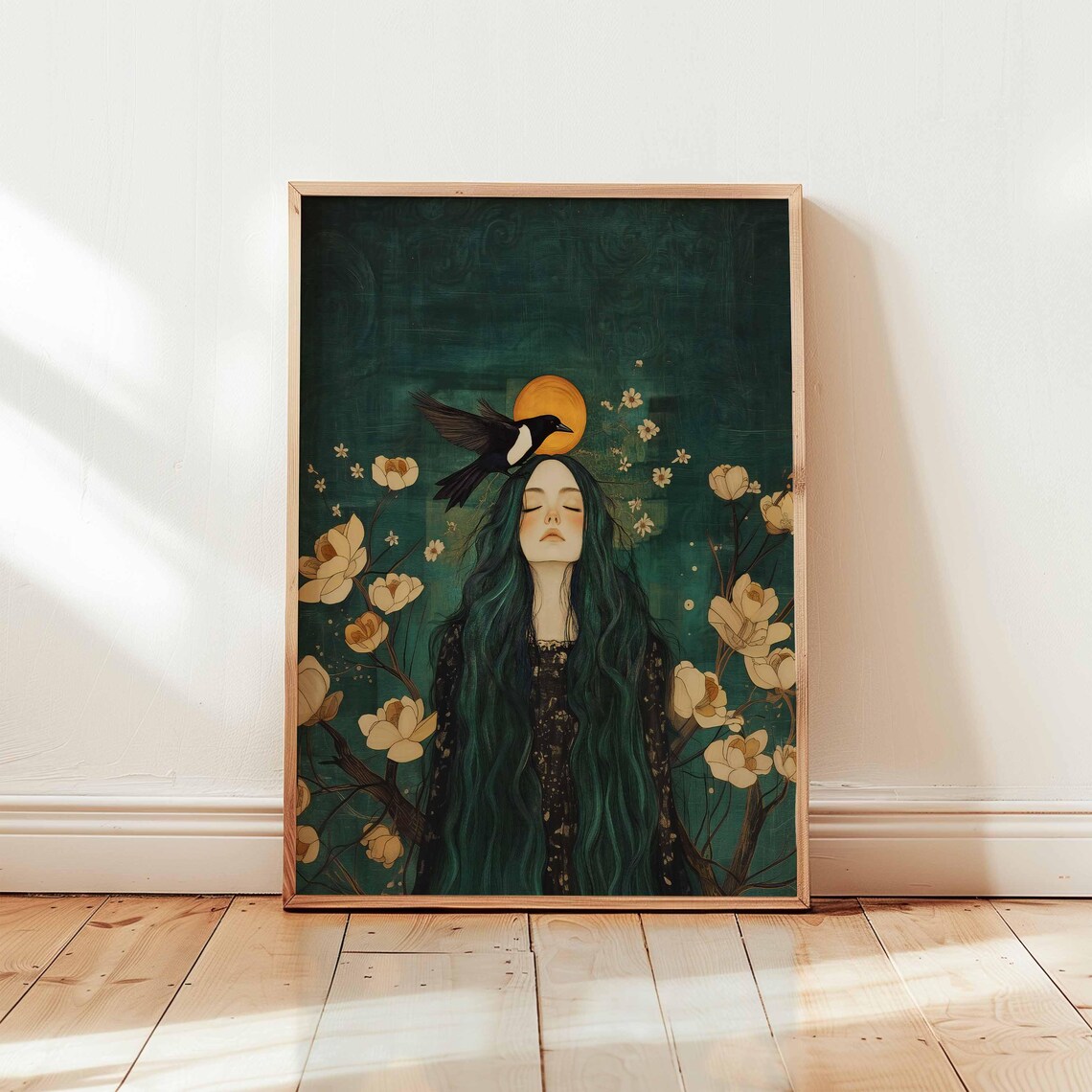 Mystical Woman Dark Fantasy Art Print, Moon Crow