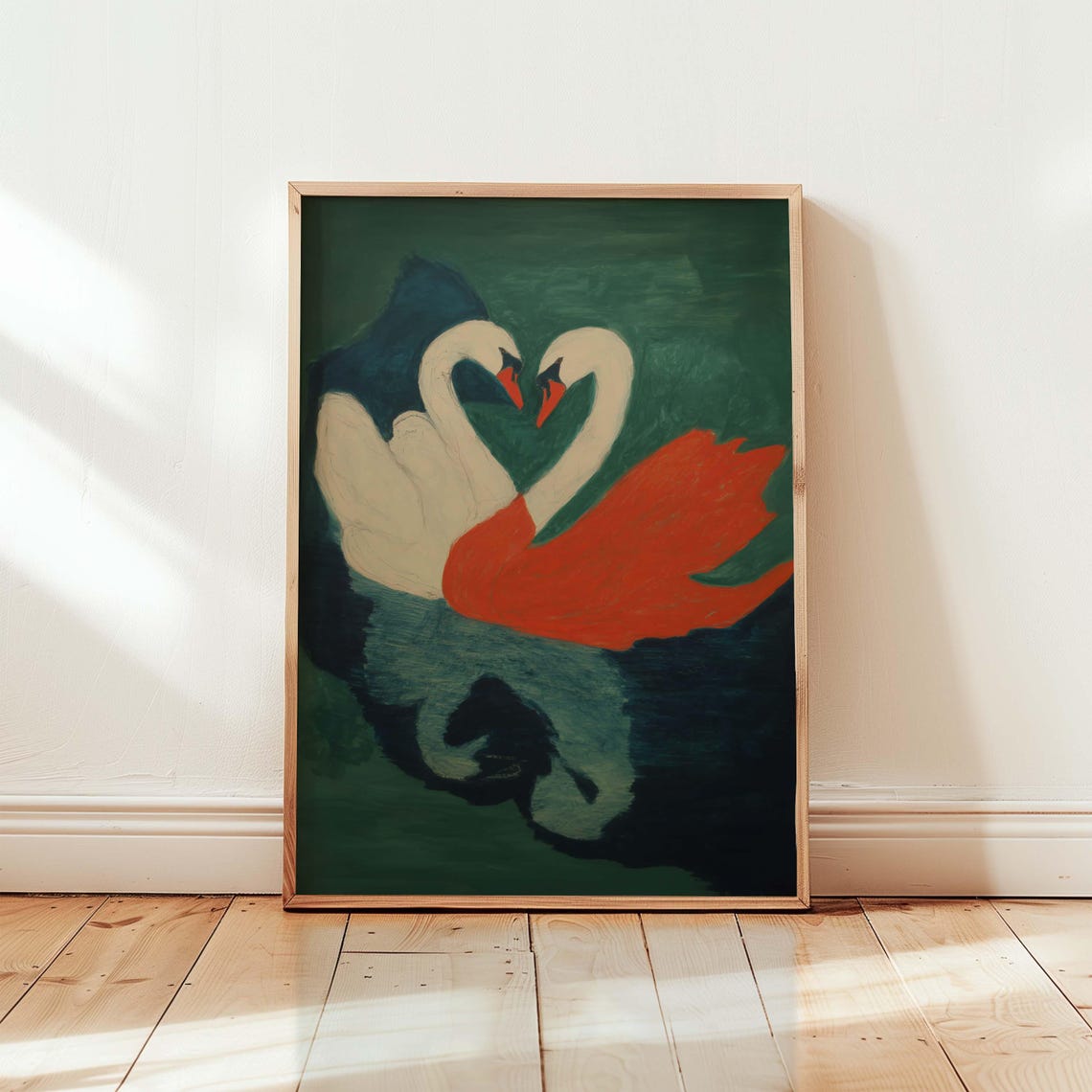 Two Swans Heart Shape Green Water Colorful Romantic Art Poster