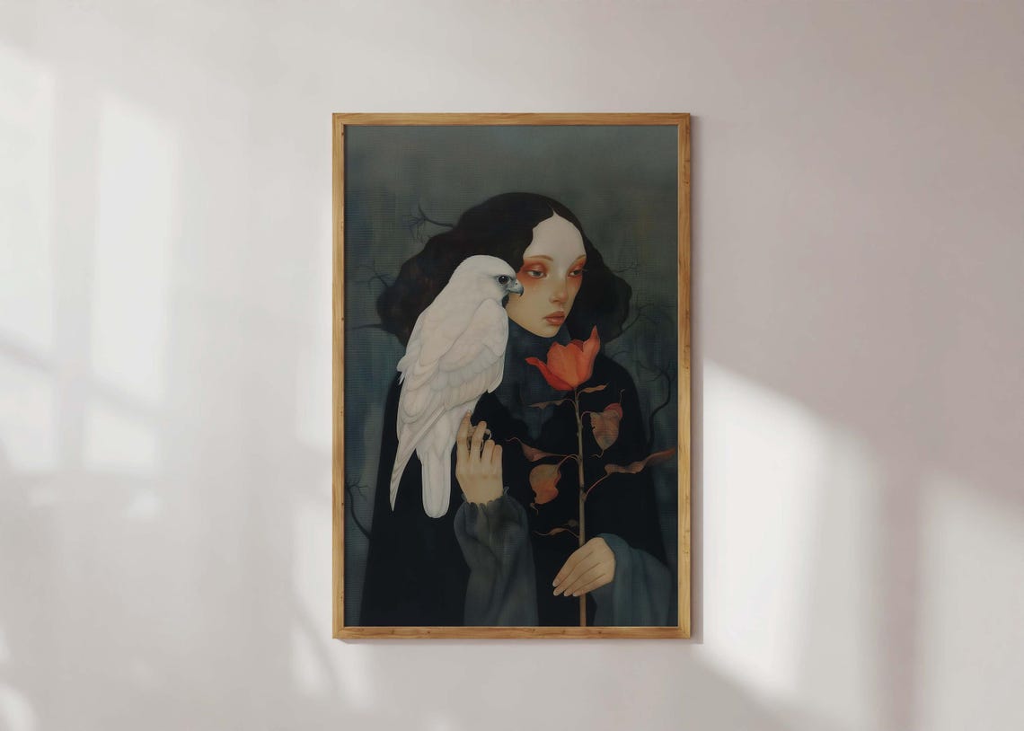 Gothic Woman With White Falcon Portrait Poster Dark Moody Rose Art