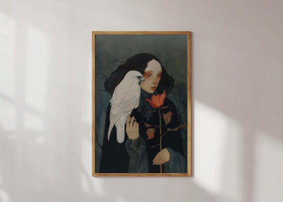 Gothic Woman With White Falcon Portrait Poster Dark Moody Rose Art