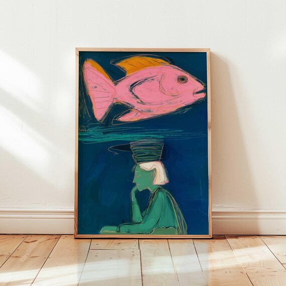 Surreal Pink Fish Wall Art Whimsical Modern Abstract Ocean Surrealism Blue Coastal