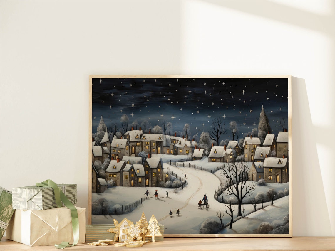 Vintage Christmas Village Wall Art Vintage Christmas Winter Night Wall Art Antique Style Christmas Decor Xmas Town Painting Xmasv1 - Image 7