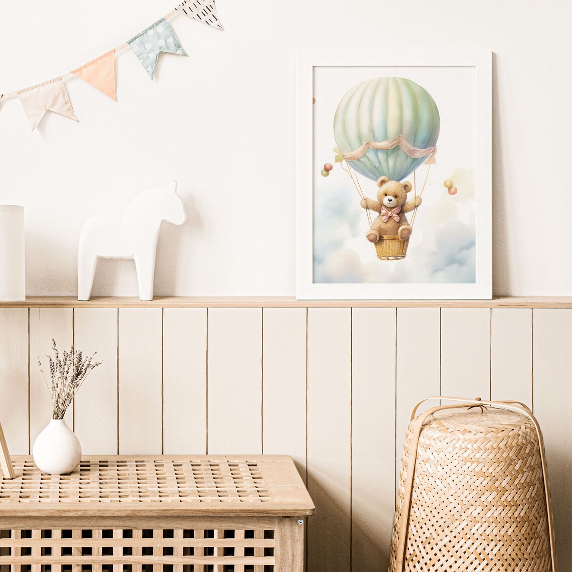 Teddy Bear Riding Hot Air Balloon Blue Sky Clouds Baby Poster - Image 2