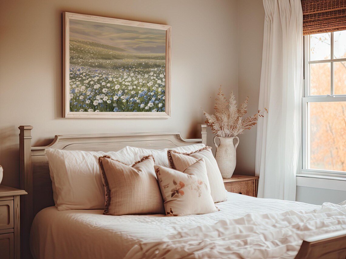 White Blue Wildflower Meadow Golden Hour Country Landscape Art Print - Image 5