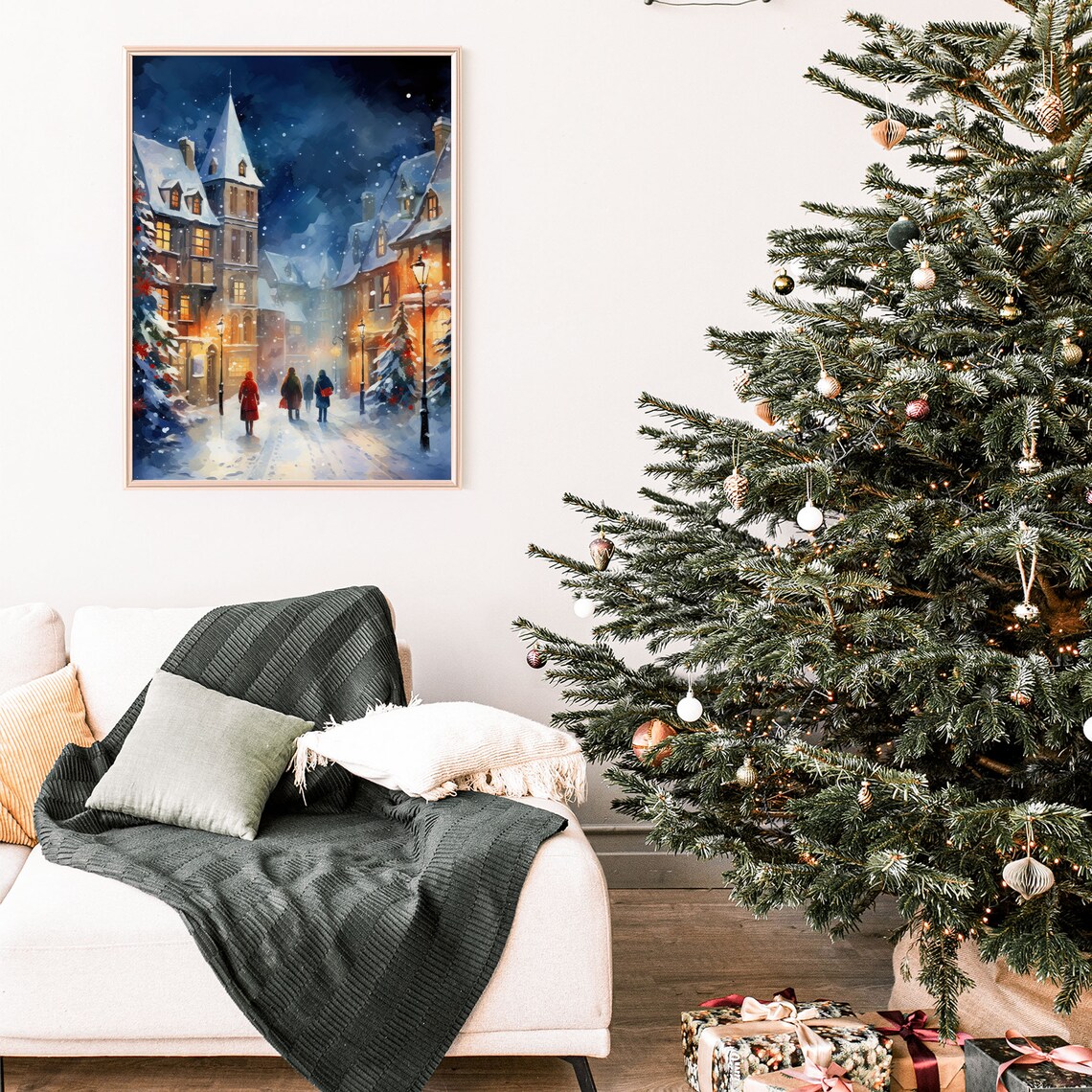 Snowy Christmas Street Church Tower Night Watercolor Art Print - Image 4