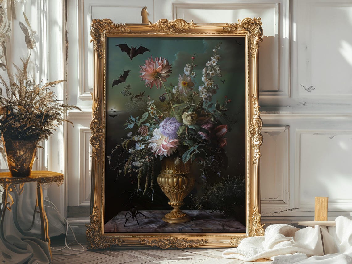 Dark Floral Still Life Bats Spider Gothic Halloween Art Poster - Image 8