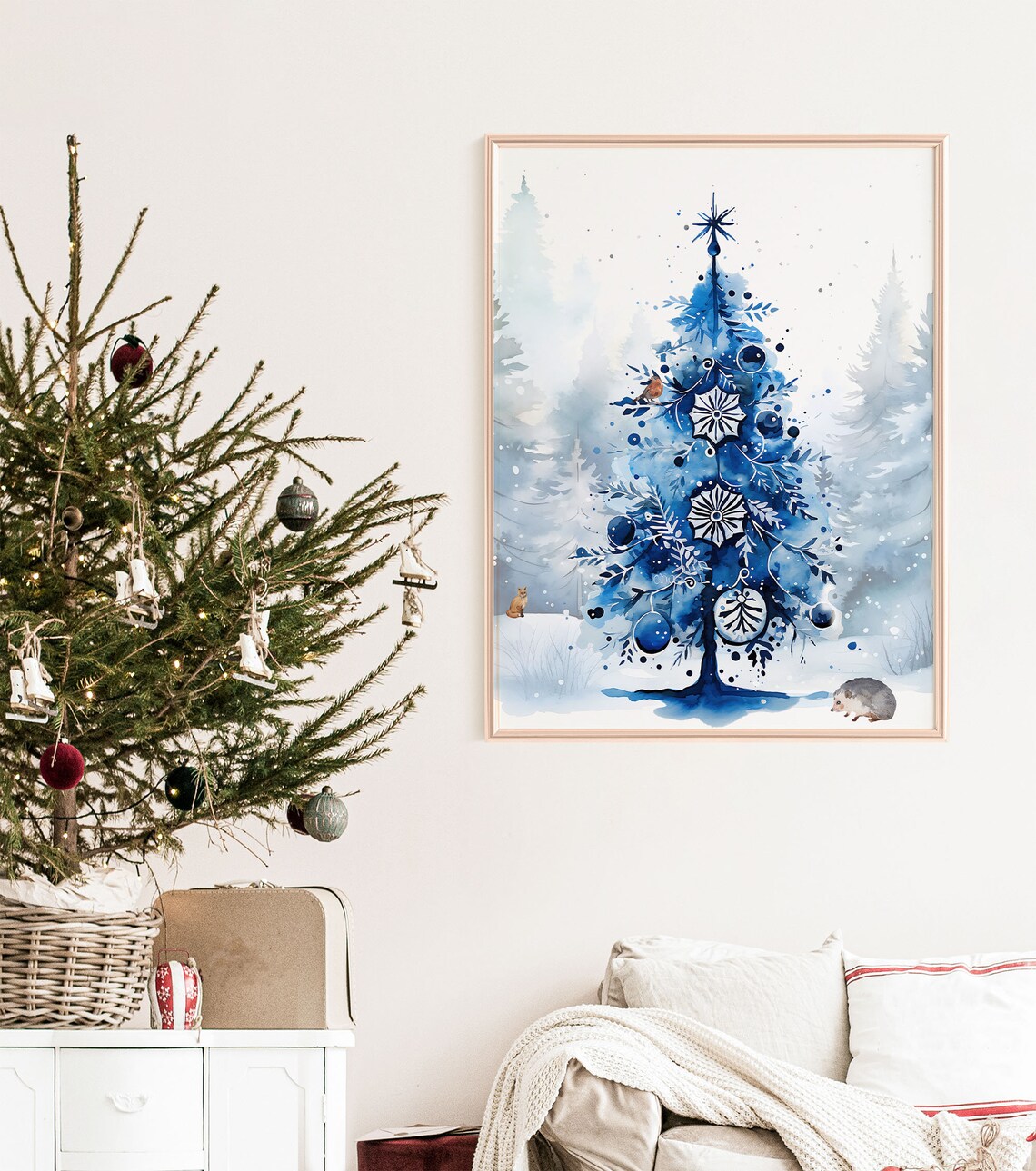Blue Christmas Tree Ornaments Snowy Watercolor Holiday Art Print - Image 6