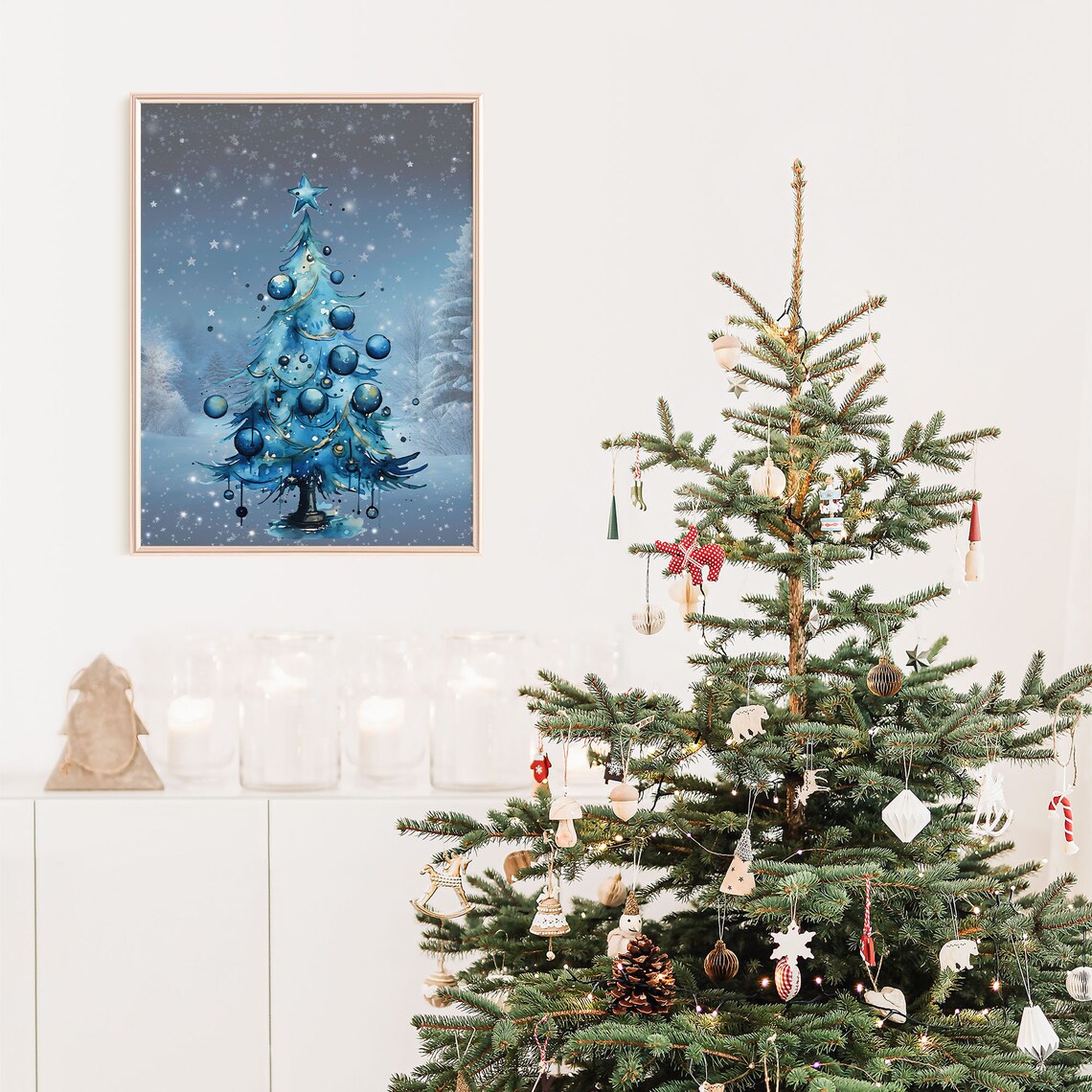 Blue Watercolor Christmas Tree Starry Snowy Night Holiday Poster - Image 4