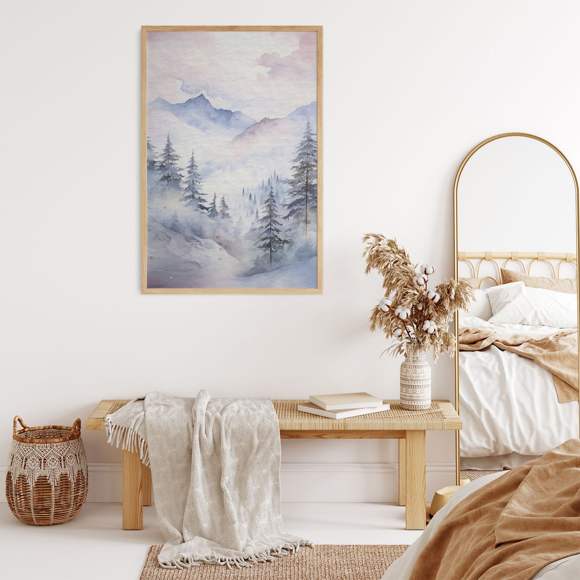 Snowy Mountain Forest Mist Winter Watercolor Landscape Art Print - Image 7