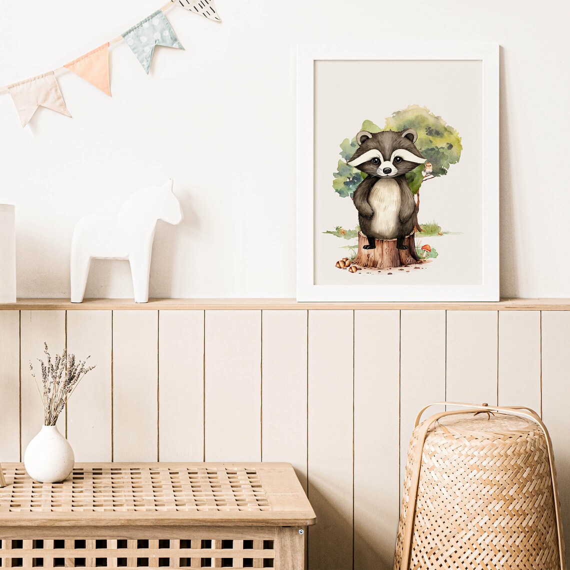 Baby Raccoon Tree Stump Watercolor Forest Nursery Animal Poster - Image 4