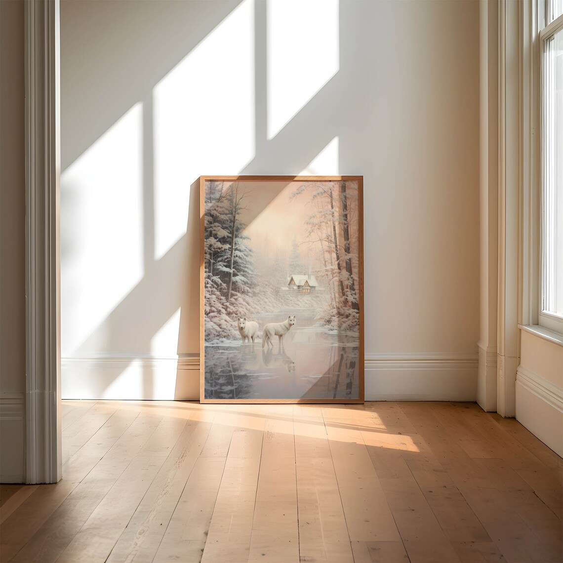 Two White Wolves at a Frozen Lake with Snowy Cabin Winter Print - Image 4