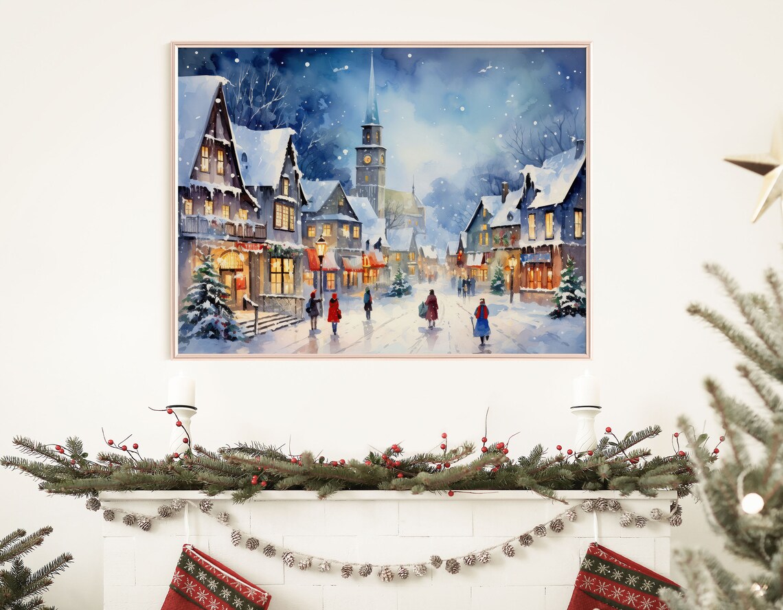 Blue Christmas Village Night Watercolor Snowy Town Art Print - Image 7