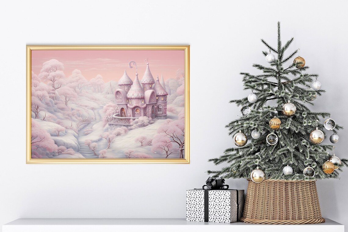 Pink Fantasy Castle Winter Christmas Wonderland Scene Poster - Image 5