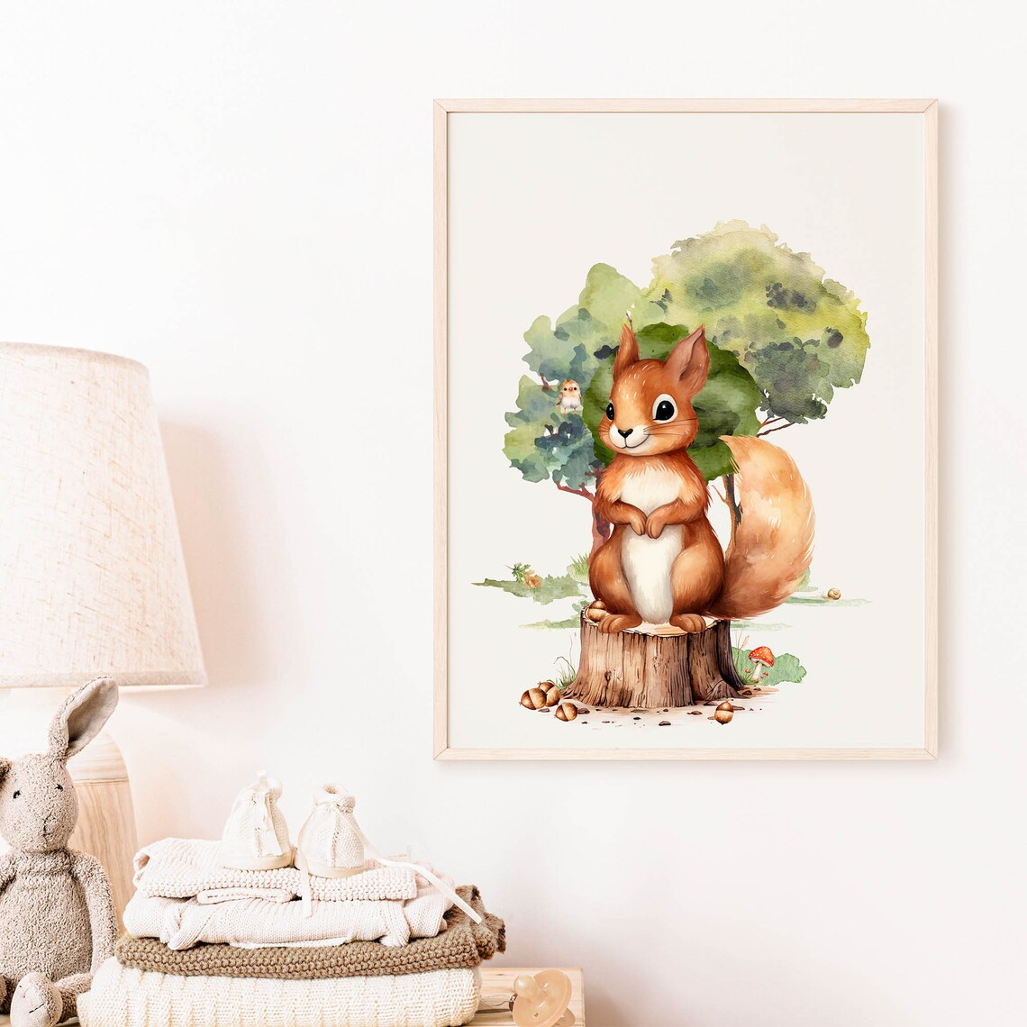 Red Squirrel On Tree Stump Watercolor Woodland Nursery Animal Poster - Image 8