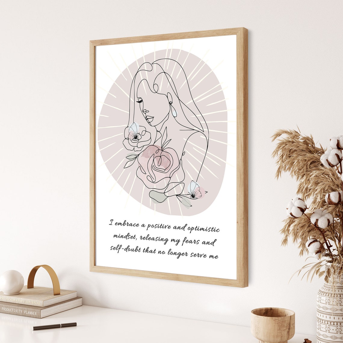 Positive Mindset Affirmation Boho Line Art Woman Floral Poster - Image 7