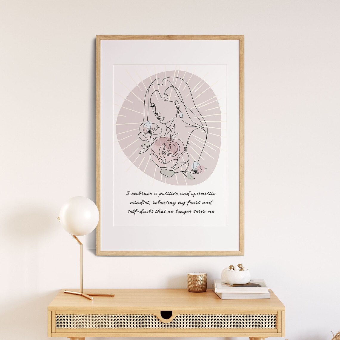 Positive Mindset Affirmation Boho Line Art Woman Floral Poster - Image 2