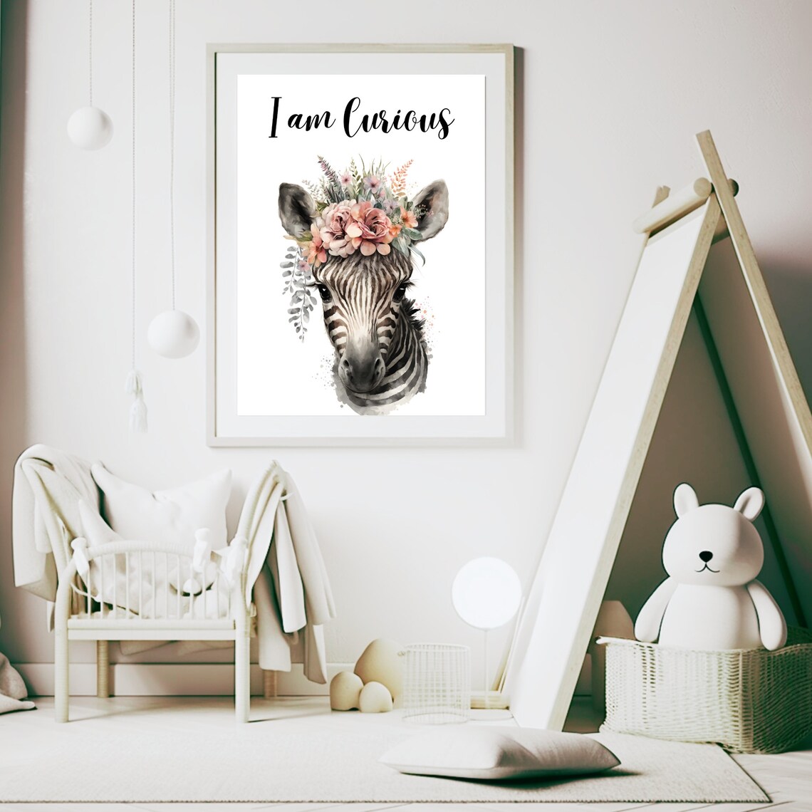 I Am Curious Zebra Flower Crown Nursery Watercolor Art Print - Image 6