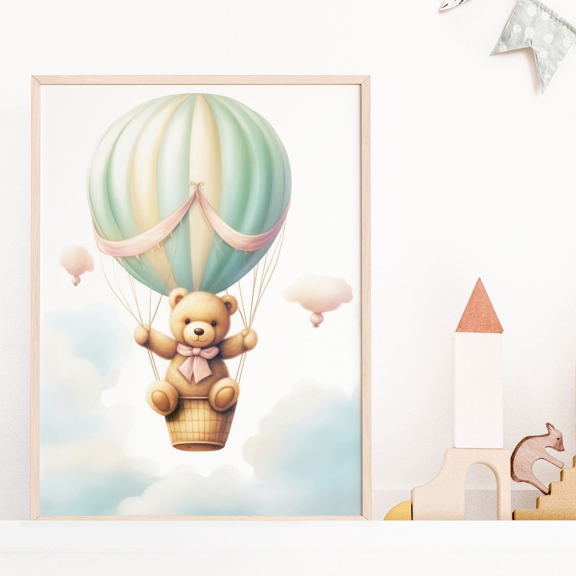 Teddy Bear Hot Air Balloon Pastel Mint Clouds Nursery Poster - Image 5