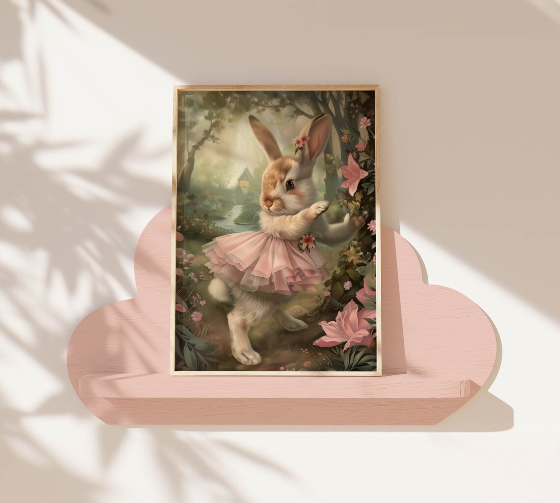 Bunny In Pink Tutu Dancing Flower Forest Cottage Storybook Poster - Image 7