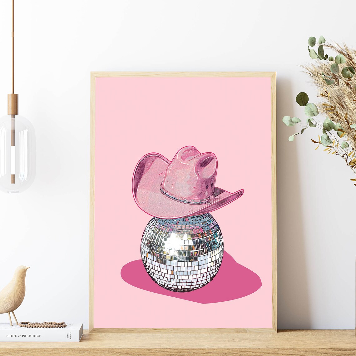 Disco Ball Pink Cowgirl Hat Party Preppy Western Style Wall Art - Image 4