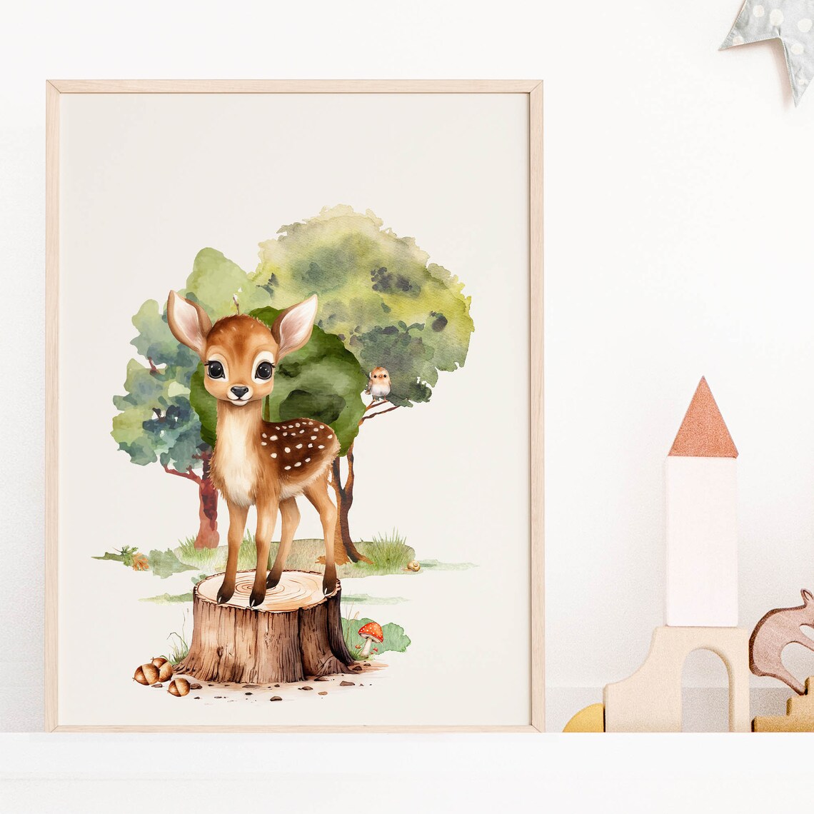 Spotted Baby Fawn Tree Stump Watercolor Woodland Nursery Poster - Image 3
