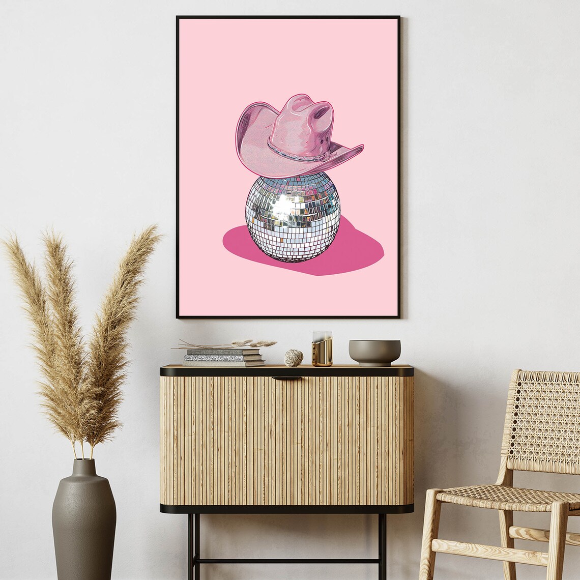 Disco Ball Pink Cowgirl Hat Party Preppy Western Style Wall Art - Image 8