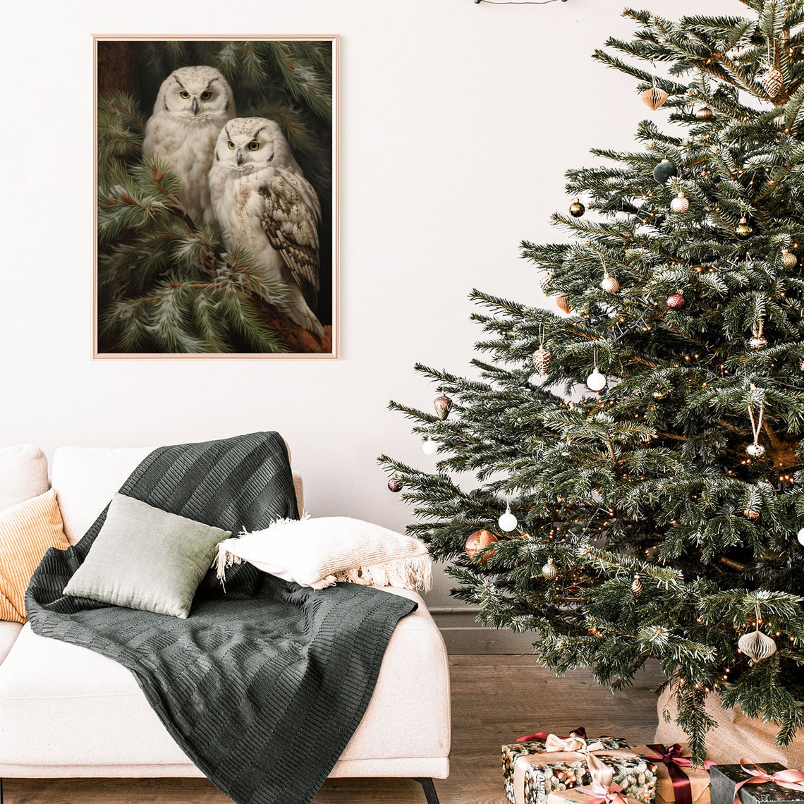 Two White Snowy Owls Perched in a Pine Tree Winter Bird Poster - Image 3