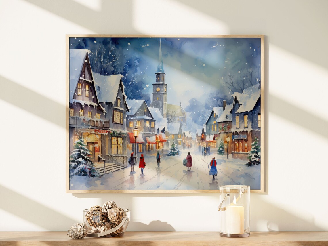Blue Christmas Village Night Watercolor Snowy Town Art Print - Image 8