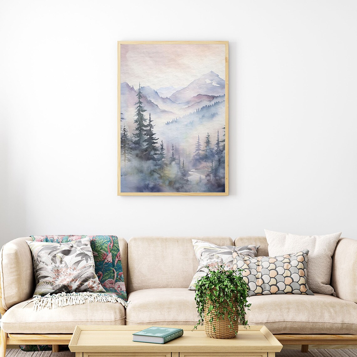 Misty Pine Forest Mountain Foggy Watercolor Landscape Art Print - Image 5