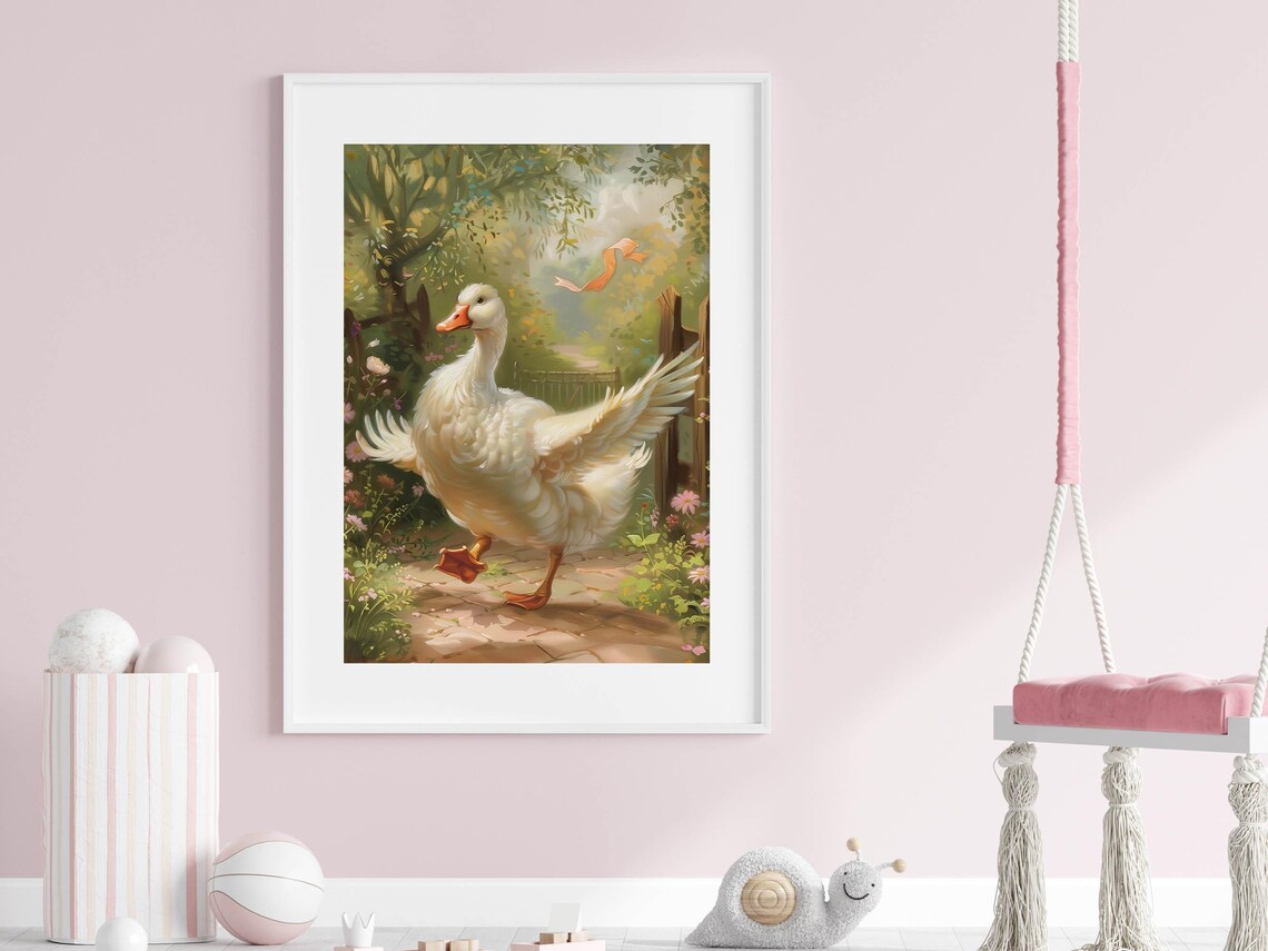 Silly White Goose Strutting Flower Garden Path Whimsical Kids Poster - Image 5