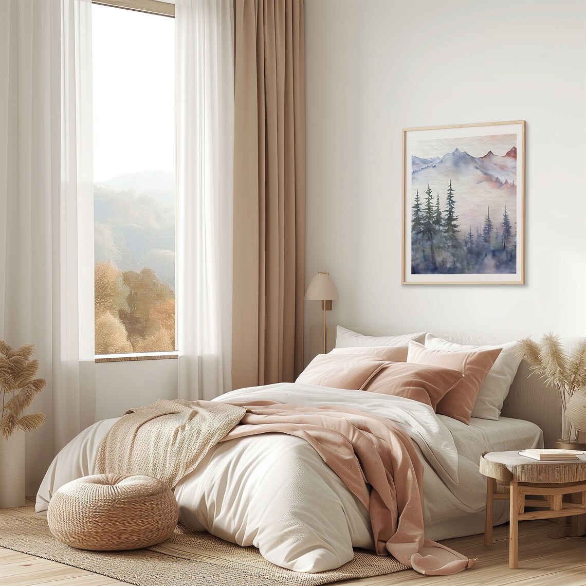 Pink Blue Pine Forest Mountain Watercolor Landscape Wall Art - Image 2