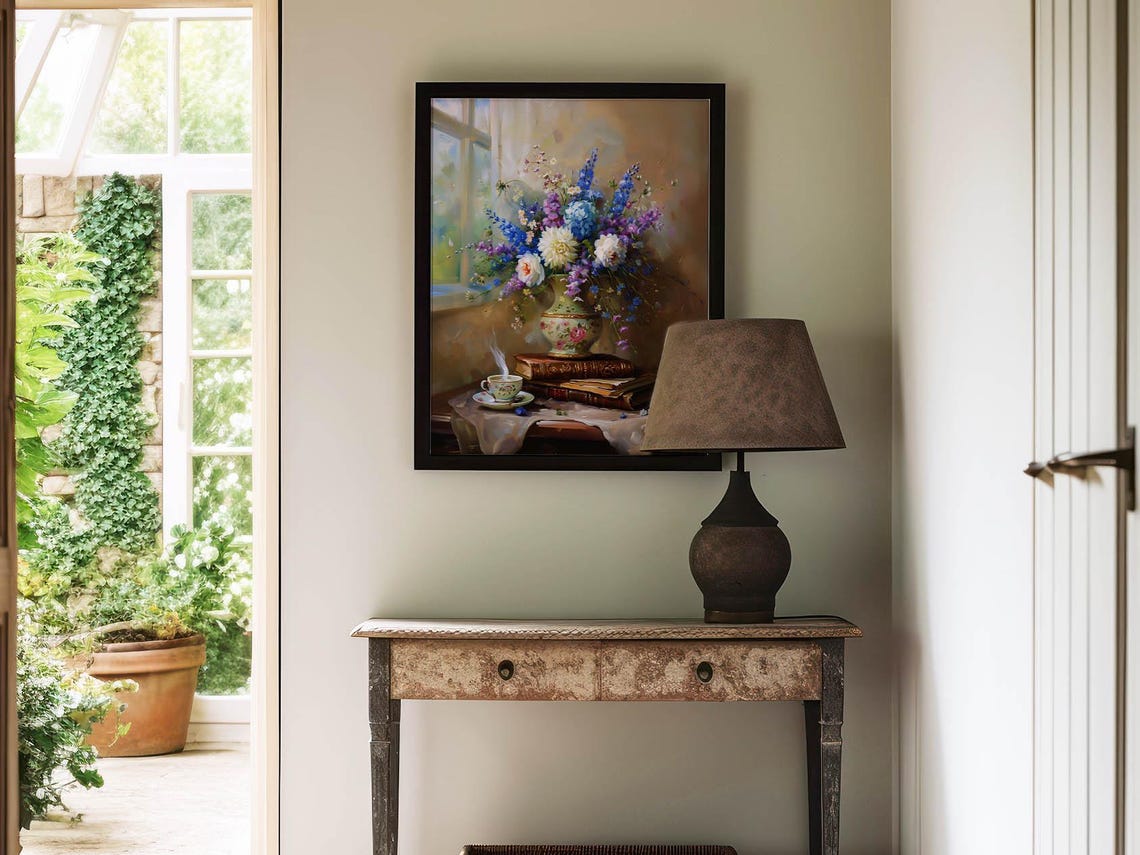 Vintage Hydrangea Bouquet Books Teacup Light Academia Art Print - Image 2