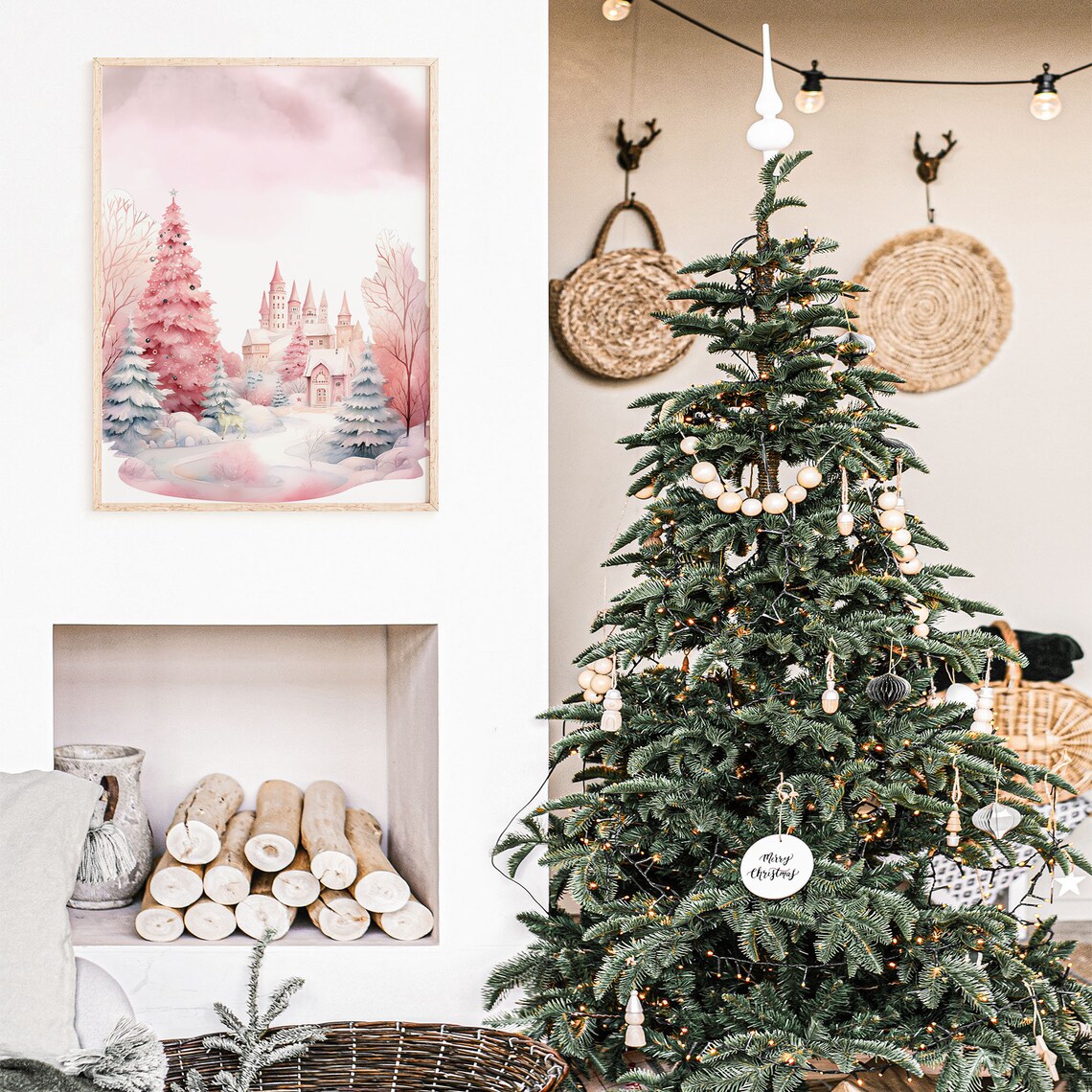 Pink Christmas Winter Wonderland Castle Pink Tree Watercolor Poster - Image 4