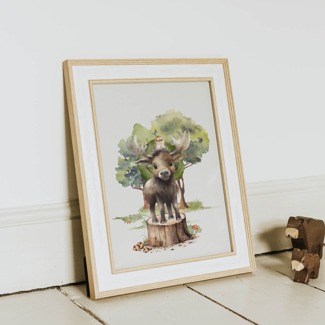 Baby Moose Tree Stump Tiny Owl Watercolor Woodland Nursery Poster - Image 2