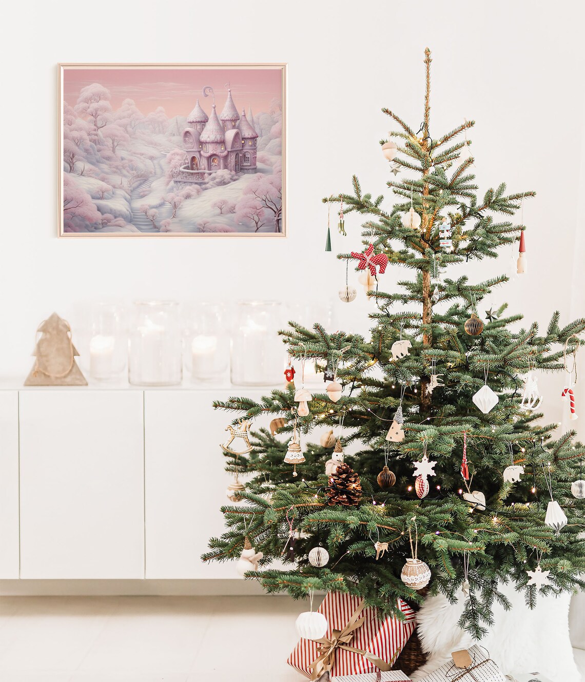 Pink Fantasy Castle Winter Christmas Wonderland Scene Poster - Image 2
