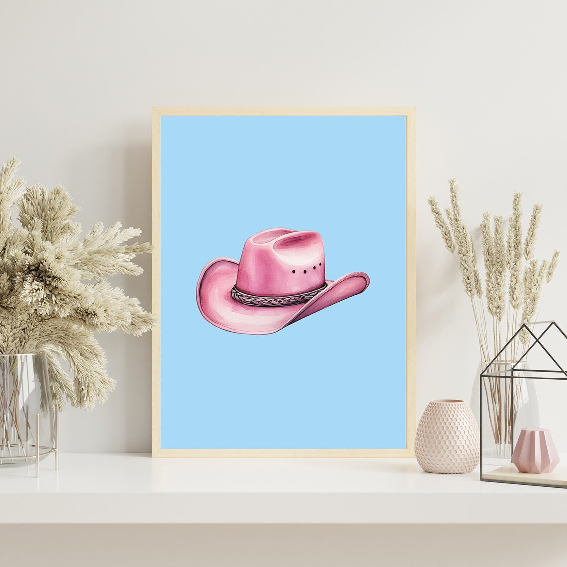 Pink Cowboy Hat on Blue Background Watercolor Western Wall Art - Image 7