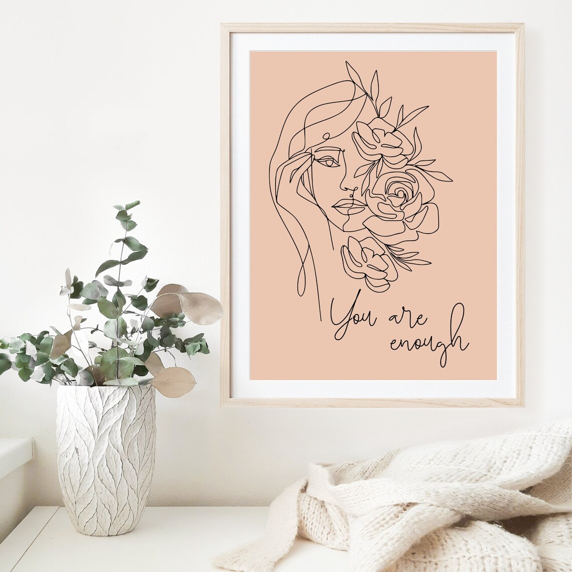 You Are Enough Line Art Woman Peach Floral Minimalist Poster - Image 3