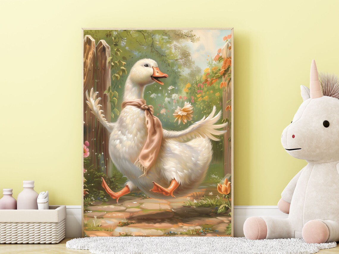 Silly Goose In Dahlias Wall Art Cute Goose Wearing A Scarfe Fairytale Print Whimsical Farmhouse Nursery Decor Vintage Kids Room Poster - Image 6