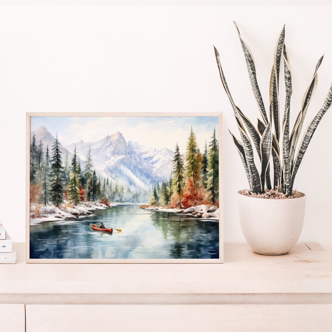 Red Canoe Winter Lake Mountain Snow Watercolor Landscape Poster - Image 3