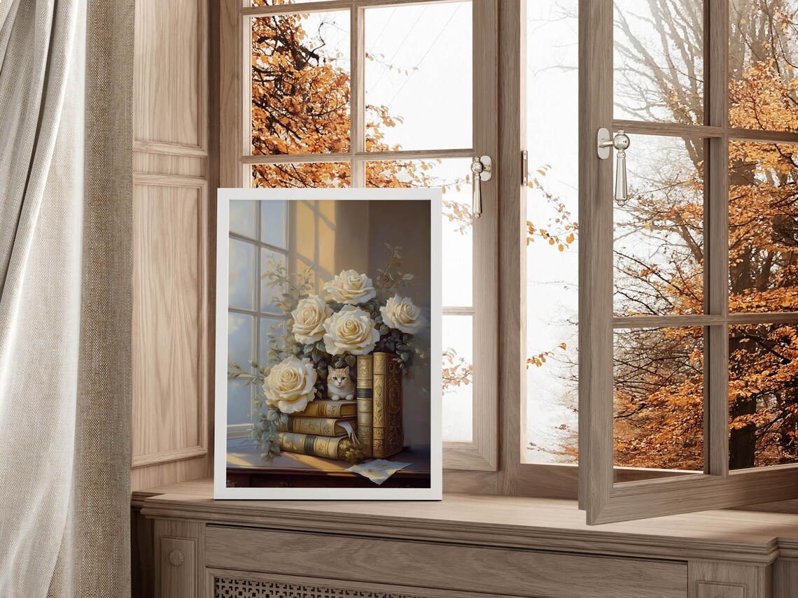 Cream Cat Among White Roses and Vintage Books Library Art Print - Image 5