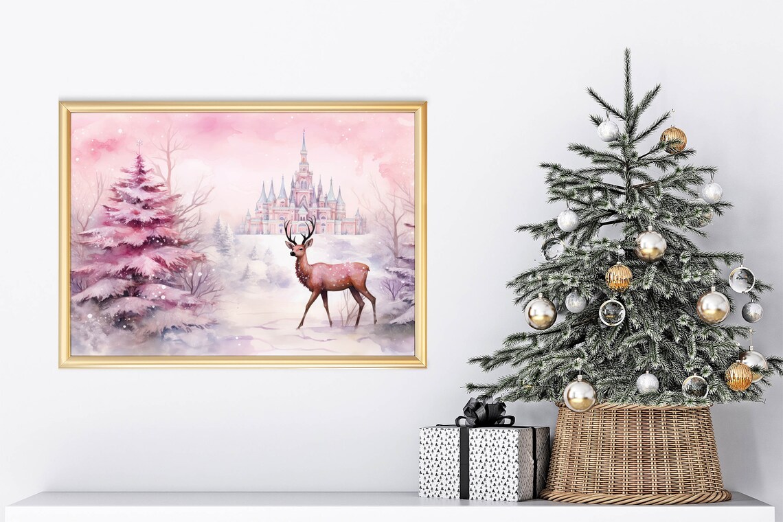 Pink Christmas Reindeer Castle Watercolor Dreamy Holiday Art Print - Image 5